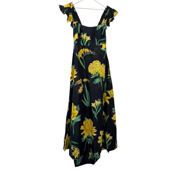 Farm Rio Alice Flowers Black Maxi Dress Yellow Floral Flutter Sleeve Size S - Picture 2 of 13